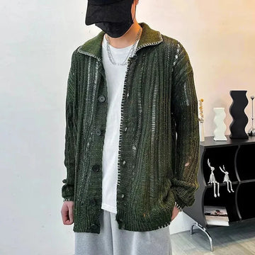 Fashion Casual Lazy Style Hole Knitted Sweater Cardigan Men Autumn And Winter Trend High-End American Street Retro Y2k Jacket